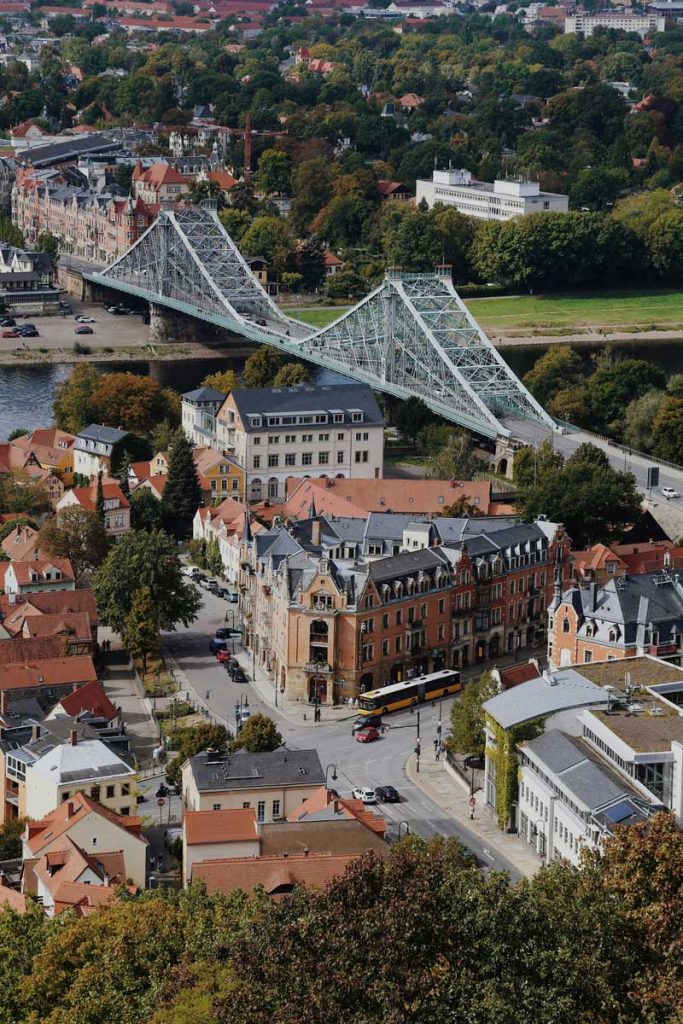 Luftaufnahme der Loschwitzer Brücke (Blaues Wunder) in Dresden mit Elbe und angrenzenden Häusern
