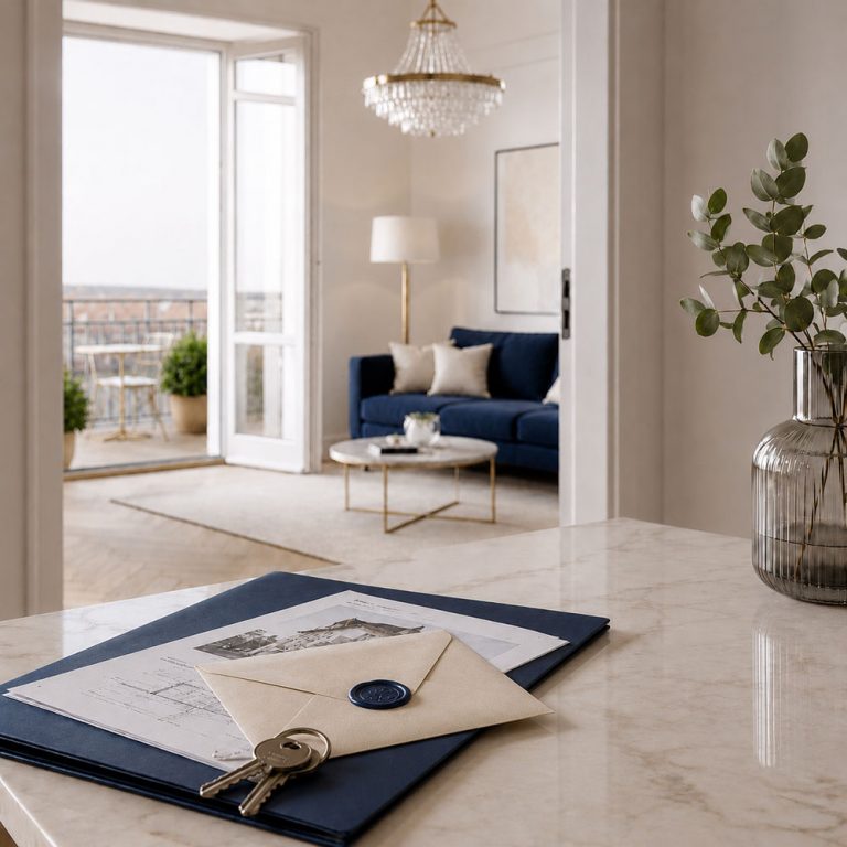 Helles, stilvoll eingerichtetes Wohnzimmer mit Hausschlüsseln und Immobilienunterlagen – Immobilienmakler Dresden
